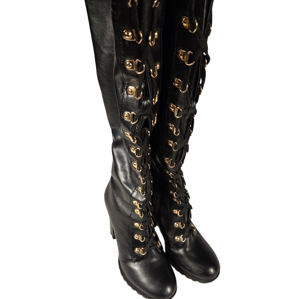 Eliza Womens Black Lace Up Knee High Combat Boots Gold Hardware Block Heel 7.5 - Picture 2 of 13